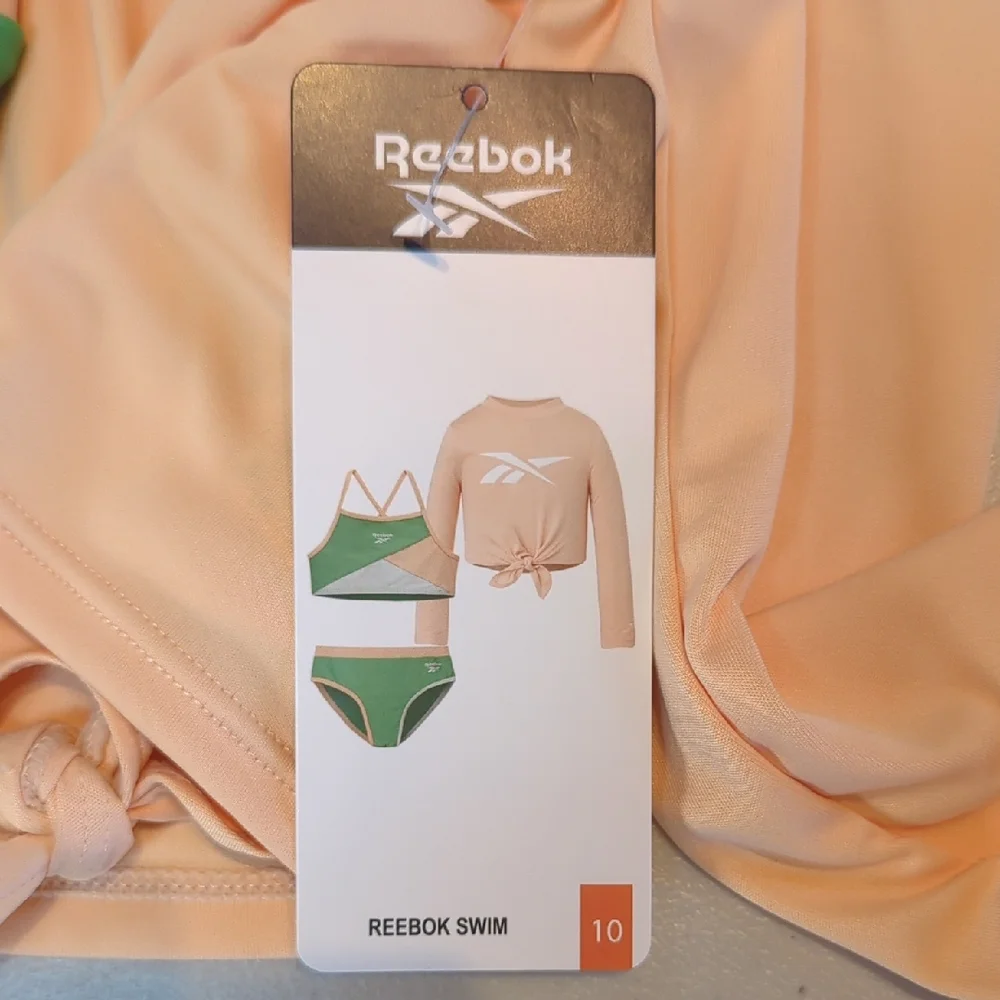 Reebok, Green And Peach Color Block Three-piece Swim Set. Size 10